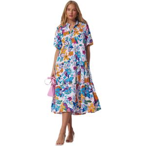 Happinessistanbul Blauw-Witte Bloemen-Brede Zomer-Lange Poplin-Jurk Voor Dames Zh00013