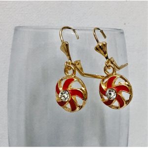 Fashionidea – mooie goudkleurige oorbellen ronde hangers met zirkonia en rode accenten