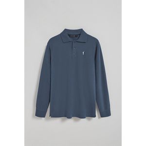 Jeansblauwe polo met lange mouwen en drie knopen met Rigby Go-logo