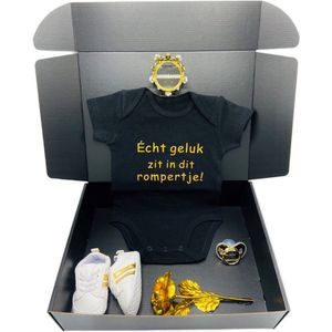 Kraamcadeau echt geluk in dit rompertje zwart goud - baby cadeau - kraampakket - rechtstreeks opsturen met boodschap ook mogelijk 100% biologisch katoen