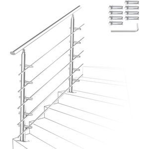 Trapleuning - Roestvrij Stalen - 80cm - 5 Dwarsbalken - leuning voor binnen en buiten - In Hoek Verstelbaar Trapleuningen - met Kogelring en 2 Palen - voor Trap Balkon Terras Borstwering - Ø 42 mm