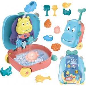 Playos® - Zandset - Nijlpaard - Blauw/Roze - Koffer - met Accessoires - Waterspeelgoed - Strandspeelgoed - Zandspeelgoed - Buitenspeelgoed - Zandspeelset