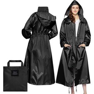 Lange regenjas uniseks waterdichte regenponcho capuchon trekkoord regencape zwart One Size