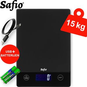 W-15 - Keukenweegschaal digitaal - Gehard glas - 1gr tot 15kg - Precisie weegschaal - Digitale weegschaal keuken - Kookweegschaal electrisch horeca - Tare functie - Tarra - USB Oplaadbaar USB-c - Digital food kitchen scale - Met of zonder batterijen