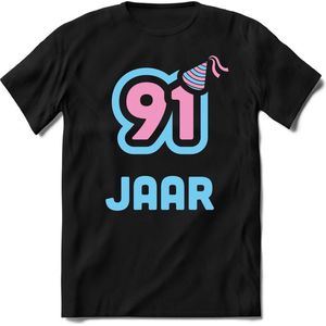 91 Jaar Feest kado T-Shirt Heren / Dames - Perfect Verjaardag Cadeau Shirt - Licht Blauw / Licht Roze - Maat 9XL