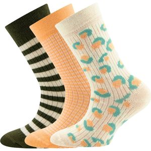 3-Pack Kindersokken Ewers met Ribpatroon - Set van 3 paar - Perzik/Beige/Groen met Vlekmotief en Streepjes-23/26