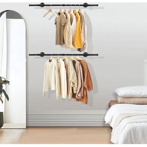 Industriële kleerhangers, 112 cm, wandgarderobe voor industriële buizen, hangende stang aan de muur van metaal, voor het opbergen van kleding, zwart, 2 stuks