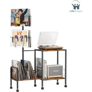 LifeStages - Platenspeler Meubel - Draaitafelstandaard Met Vinyl Opslag - Draaitafelstandaard - Draaibare Opslag Voor Vinyl Platen - Draaitafel Tafel Voor Vinyl Platen - Platenhouder tot 200 Vinyl Albums Voor in De Woonkamer - Zwart/Bruin