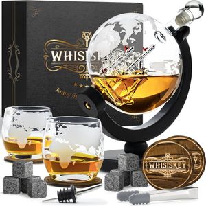 Whisiskey Whiskey Karaf - Wereldbol - Luxe Whisky Karaf Set - 0,9 L - Decanteer karaf - Whiskey Set - Incl. 8 Whiskey Stones, 2 Whiskey Glazen & Extra Accessoires - Vaderdag cadeau geschenk - Vaderdag cadeaupakket