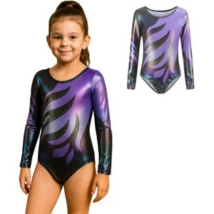 Joya Kids® Turnpakje Meisjes met Lange Mouwen | Zwart met Paars met Glitters en Strass Steentjes Ballet pakje | Gymnastiekpakje | Turnen | Turn Pakje | Maat 100