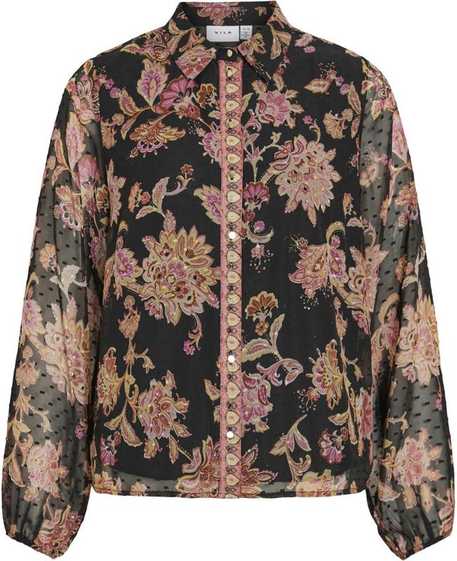 Vila - Blouse Vipraya O-neck - Zwart - Bloemenpatroon - Dames