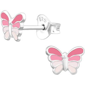 Joy|S - Zilveren vlinder oorbellen - 7 x 6 mm - roze - kinderoorbellen
