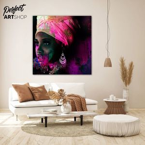 BEAUTIFUL AFRICAN WOMAN-2:120x120cm Plexiglas. Decoratie - Modern - Zwart - Blauw - Groen - Roze - Vrouw - Afrika