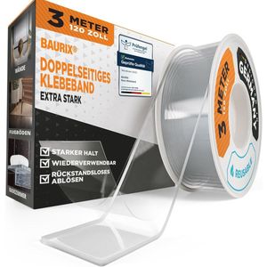 BAURIX® Nano Tape dubbelzijdig [3m] | dubbelzijdig tape extra sterk | Wasbaar siliconen Nanotape transparant - Dubbelzijdige Montagetape - Plakband rollen - Kleefband