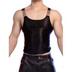 Heren Glanzende Tanktop Zwart - Festival - Lingerie - Shirt - Hemd - Open Schouders - One Size