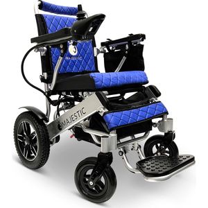 COMFYGO IQ-8000 Elektrische rolstoel, Lichtgewicht, Draadloze afstandsbediening, Handmatig opvouwbaar, Niet achterover leunen, 12AH Li-ion, tot 20km, 45cm, Zilver frame & Blauw leer textiel