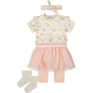 Dirkje - Noppies - Kledingset - Offwhite jurkje met bloemen met zalmroze rokje - Zalmoze leging - haarbandje - 1 paar sokjes oatmeal met werkje - Maat 80