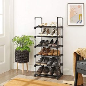 Exxen Schoenenrek met 6 rekken, metalen schoenenrek, ruimtebesparende staande plank, multifunctioneel, gang, woonkamer, slaapkamer of keuken, 45 x 30 x 106 cm, zwart