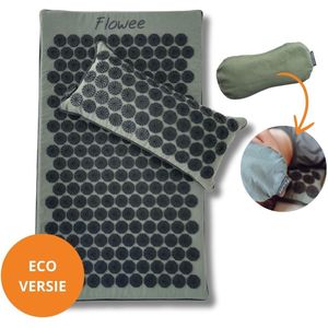 Flowee Relaxset - Spijkermat ECO, spijkerkussen & Oogkussen - Groen met grijs - Vulling Kokosvezels & Boekweitkaf & Lavendel (77x45+22x44cm) - Acupressuur Mat - Spijkerbed - Acupunctuur - Shakti Massage - Vijf jaar Garantie