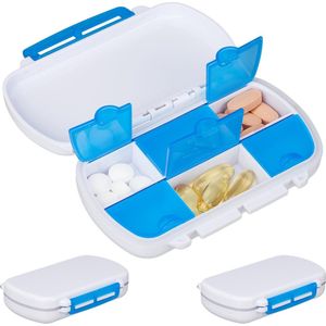 Relaxdays pillendoos 3 stuks - 6 vakken met extra deksel - waterdicht - BPA-vrij - voor op reis - wit-blauw