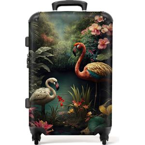NoBoringSuitcases.com - Koffer - Bloemen - Flamingo - Tropische bladeren - Natuur - Roze - Reiskoffer - 60 liter - Grote koffer - 20 kg bagage - Trolley op wieltjes - 66 cm - Handbagage - Lichtgewicht - Hardcase koffer - TSA slot