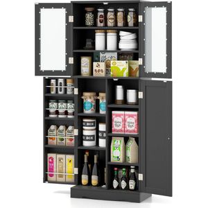 Costway Keukenkast van hout, hoge kast met glazen deuren, keukenbuffet, vrijstaand, multifunctioneel, met kantelbeveiliging, opbergkast voor keuken, eetkamer, woonkamer, 60 x 31,5 x 161,5 cm