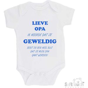 100% katoenen Romper ""Lieve opa ik hoorde dat je geweldig bent en ben heel blij dat je mijn opa gaat worden!"" Jongens Katoen Wit/blauw Maat 56/62