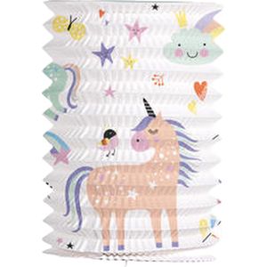 Papieren lantaarn unicorn - Wit / Multicolor - Papier / Metaal - ⌀ 16 cm - Eenhoorn - Lantaarntje - Lampion - Lampje - Lampionenoptocht