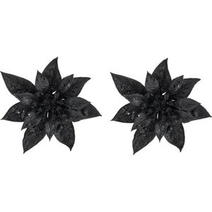 2x stuks decoratie bloemen kerststerren zwart glitter op clip 15 cm - Decoratiebloemen/kerstboomversiering
