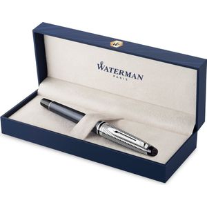 Waterman Expert Deluxe vulpen | metaal-steengrijze lak met palladium-gecoat detail | medium palladium penpunt met blauwe inkt | geschenkverpakking