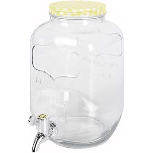 Glazen drankdispenser/limonadetap met geel/wit geblokte dop 4 liter - Tapkraantje