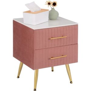 J&R Nachtkastje - Klein dressoir - Commode - Nachtkastje Met 2 Lades - Marmer - Fluweel - Velvet - Roze met wit