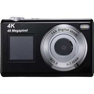 Digitale camera met dubbel scherm - Autofocus 4K 48MP Vloggingcamera Fotocamera met 32GB-kaart, compactcamera, 16x zoom, anti-shake, cadeau voor kinderen, tieners en beginners - zwart
