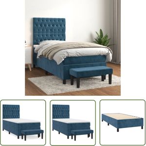 The Living Store Boxspringbed - Fluwelen Bankje - Donkerblauw - 193 x 90 x 118/128 cm - Pocketvering Matras - Middelharde Ondersteuning - Huidvriendelijk Topmatras - Montagehandleiding - 100% polyester - Multiplex - Bewerkt hout