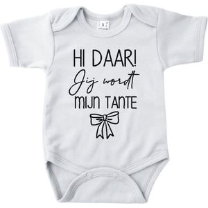 Baby romper met tekst zwangerschap aankondiging | Hi daar jij wordt mijn tante met strik wit | korte mouw | maat 56 cadeautje zwangerschap aankondiging tante bekendmaking | Cadeautje 100% katoen.