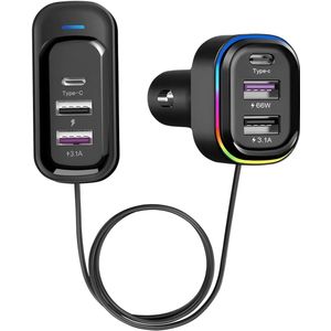 Geschikt voor Autolader met 6 multipoorten USB Type C, 66W & QC3.0 snellaadadapter, auto-sigarettenaanstekerplug, voor iPhone 15 Max Pro, Samsung Android-smartphones, tablets en meer