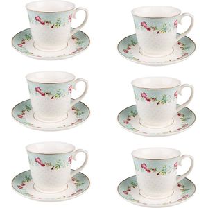 HAES DECO - Kop en Schotel set van 6 - inhoud 250 ml - kleuren Wit / Roze / Groen / Blauw - Bedrukt Porselein met Bloemen - Theeservies, Koffieservies, Theekoppen, Koffiekoppen, Cappuccino