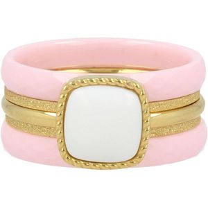 My Bendel - Roze Keramieken ringenset met stardust ringen en White Aventurine edelsteen - Roze ringenset met Keramieken ringen, smalle stardust aanschuifring en een zegelring met vierkanten White Aventurine edelsteen - Met luxe cadeauverpakking