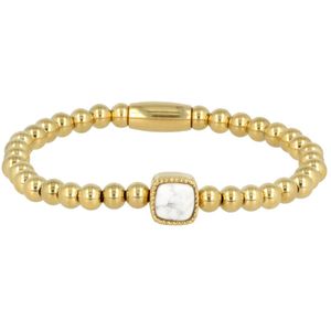 My Bendel Goudkleurige elastische bedelarmband met Howlite edelsteen - Goudkleurige armband met Howlite edelsteen - Met luxe cadeauverpakking
