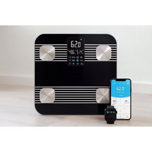 Fameilleur Smart Personenweegschaal met App – Digitale Lichaamsanalyse Weegschaal voor Gewicht, BMI, Vetpercentage, Spiermassa, Hartslag & Water – Bluetooth – Tot 24 Gebruikers – Tot 180 kg – Zwart – Voor Gezondheid & Fitness- personen weegschaal-