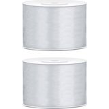 2x Hobby/decoratie zilver satijnen sierlinten 5 cm/50 mm x 25 meter - Cadeaulint satijnlint/ribbon - Zilveren linten - Hobbymateriaal benodigdheden - Verpakkingsmaterialen