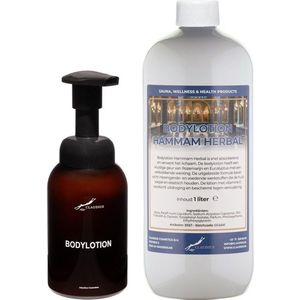 Zeepdispenser 300 ml amber bruin hervulbaar + 1 Liter Bodylotion Hammam Herbal navulling