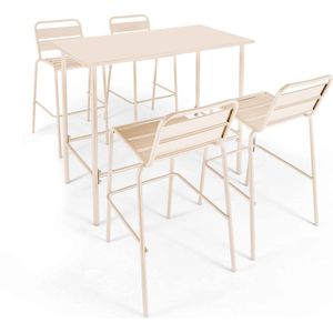 Oviala - Set hoge tafel en 4 barstoelen van ivoorkleurig metaal - Palavas