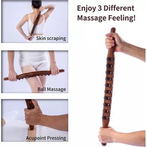 Massage - massage apparaat - voor rug, nek, schouder, buik, taille, armen, benen, etc. - massage stok hout - houten massage stok - massage stok hout XL - 20 massage ballen - gua sha massage tool - 1 stuk - bruin hout