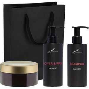 Douchepakket Hamam - Shower & Wash + Shampoo + Scrubzout 300 gram - 300 ml per fles - set van 3 stuks - met luxe gift tas - cadeau - giftset voor hem en haar