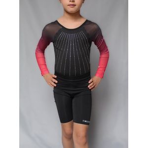 Turnpakje meisje zwart rood – Lycra stretch met glitter steentjes & mesh mouwen – Gymnastiek / turnpak