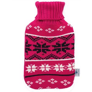 Warmwaterkruik 2L met Roze Gebreide Overtrek - Voor Pijnverlichting en Ontspanning met Kerstdesign