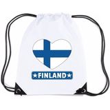 Finland nylon rijgkoord rugzak/ sporttas wit met Finse vlag in hart