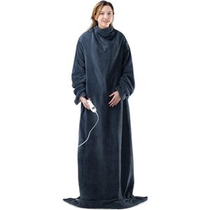 Navaris XXL warmtedeken met mouwen - Wasbare elektrische deken met 9 standen en timer - 195x125cm - Donkerblauw/crème