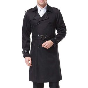 Lange militaire trenchcoat voor heren, slim fit, dubbele rij met riem, herfst en lente